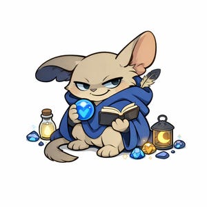 May include: A cartoon illustration of a cat-like creature dressed as a wizard, wearing a blue hooded robe and holding a glowing blue orb and a book. A lantern, potion bottle, and gems are also present.