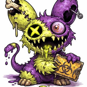 May include: A cartoon illustration of a purple and yellow monster with a stitched appearance, sharp teeth, and a single, bulging eye. It holds a sign with a biohazard symbol. The monster has a bone in its ear and is dripping with green slime.