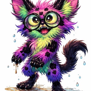 May include: A colorful cartoon creature with large eyes and glasses. The creature has a mix of purple, pink, green, and black fur, with black spots on its legs. It is standing in a puddle of liquid, with water droplets around it.