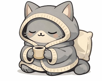 Gemütliche Katze Malseite zum Ausdrucken, Kapuzen Kitty mit Kaffeetasse digitaler Download