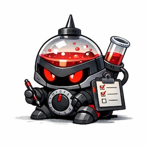 May include: A cartoon robot with a glass dome head filled with red liquid and red bubbles. The robot has red eyes, a pen, a clipboard with checkmarks, and a test tube. The robot is black and gray.
