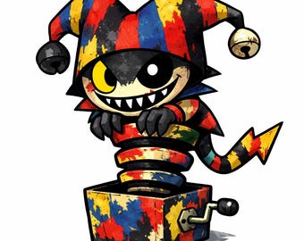 Gruselige Jack in the Box Malseite zum ausdrucken, schelmischer Spaßvogel Monster digitaler Download