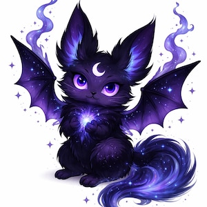 May include: Illustration of a fantasy creature with bat-like wings and a fluffy tail. The creature is mainly black with purple and blue accents, including its eyes and the starry patterns on its wings and tail. It holds a glowing orb.