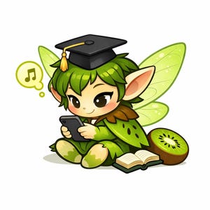 Puede incluir: Ilustración de dibujos animados de un hada kiwi con birrete negro, sosteniendo un teléfono inteligente y sentada junto a un libro y un kiwi. Una nota musical está en una burbuja de pensamiento.