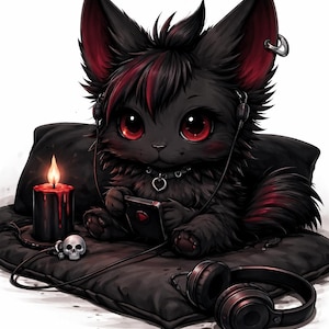 May include: A black cartoon cat with red accents in its ears and hair, wearing a choker and headphones, is lying on a black pillow. It holds a phone and is next to a lit candle, a skull, and a pair of headphones.