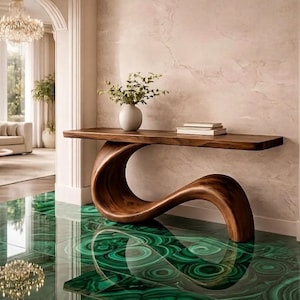 Op de afbeelding: Een moderne houten console met een unieke, gebogen basis. De tafel is diep bruin van kleur en heeft een glad, gepolijst oppervlak. Een witte vaas met groen en twee boeken staan op het tafelblad. De vloer is heldergroen met een marmeren ontwerp.