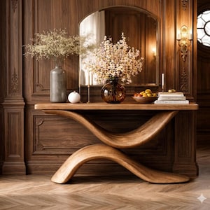 Puede incluir: Una consola de madera con un diseño curvo único. La mesa está hecha de madera de color marrón claro y presenta una forma suave y fluida. Está decorada con jarrones de flores, un espejo y otros objetos decorativos. La mesa está colocada contra una pared de madera.