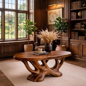 Può includere: Un tavolino ovale in legno con una base organica unica è il punto focale di una stanza con boiserie in legno scuro e una grande finestra. Il tavolo è circondato da piante, libri e un tappeto neutro. Un vaso di fiori secchi è sul tavolo.