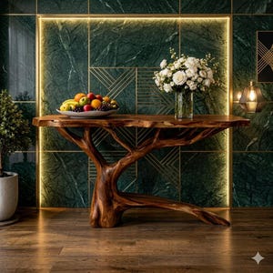 Puede incluir: Una consola de madera única con una base de tronco de árbol natural. La mesa presenta una tapa de borde vivo y está adornada con un cuenco de fruta y un jarrón de flores blancas. El fondo es una pared de mármol verde con detalles dorados.