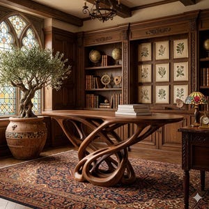 Puede incluir: Interior de biblioteca con un escritorio de madera de diseño único. La habitación cuenta con un olivo en maceta, una alfombra estampada y una estantería empotrada con libros y globos. Las paredes y los muebles son de madera oscura.