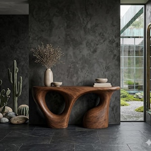 Mesa consola escultural de nogal, recibidor moderno orgánico, muebles de sofá Wabi Sabi