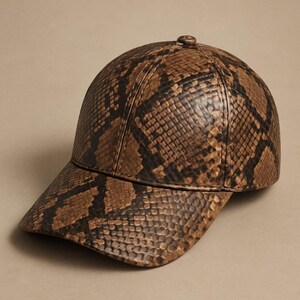 Puede incluir: Una gorra de béisbol con un patrón de piel de serpiente en tonos marrón y negro. La gorra presenta una corona estructurada de seis paneles con un botón a juego en la parte superior y una visera curva. El estampado cubre toda la superficie.