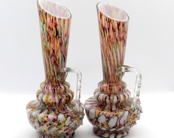 Antique Franz Welz Bohemian Czech Harlequin Honeycomb Spatter Splatter Glass Pair Thorn Handle Vases 1900