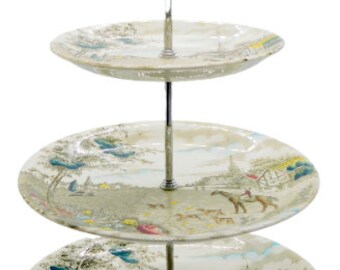 Vintage British Anchor Pottery 'Village Green' Bucolic Pictorial 3-tier Retro English Countryside Ceramic Cake Stand 1950s