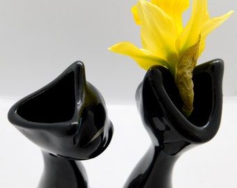Pair Kitsch Retro Scoophead Lucky Black Cat Figural Ceramic Solifleur Bud Vases Figurines 1960s Jema Holland 21 cm