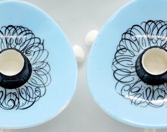 REDUCED! Pair Foley Bone China Blue "Caprice" Pattern Atomic Mid Century Modern Tripod Candle Holders Candlesticks 1950s