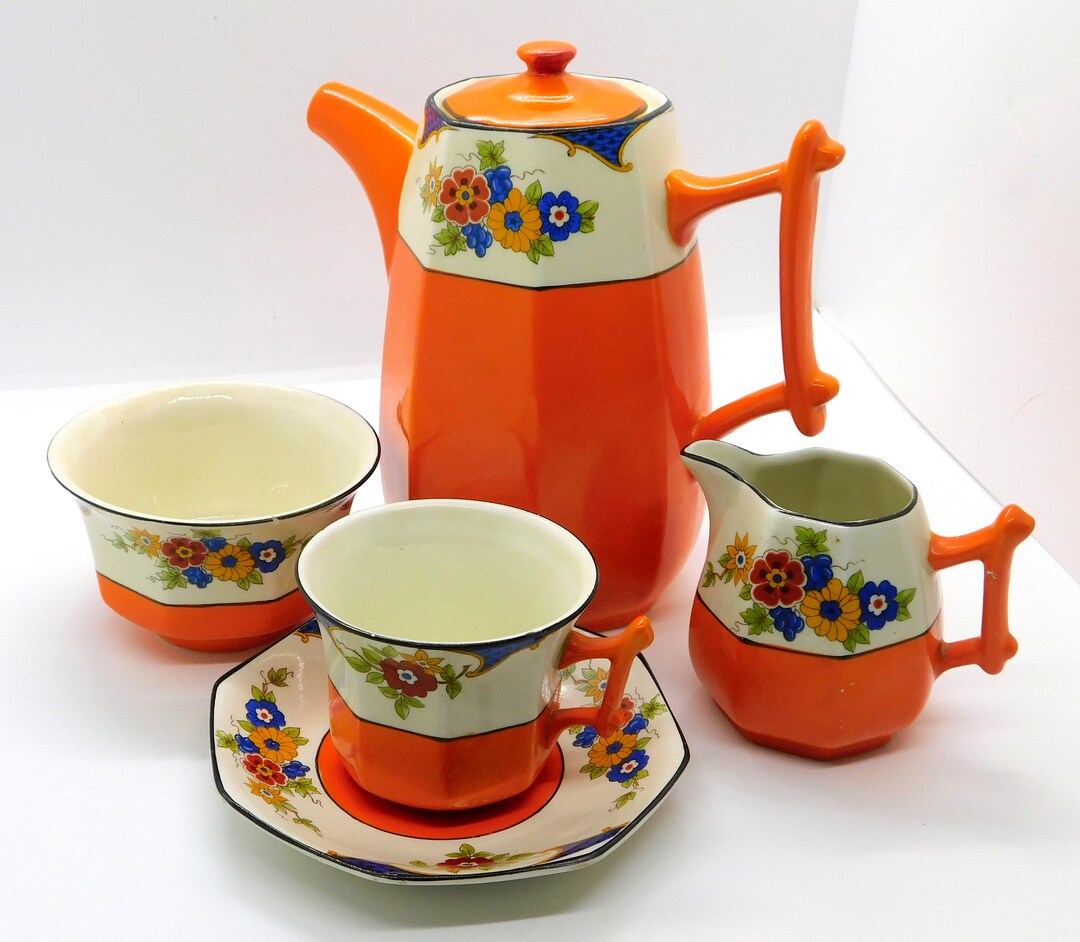 Paolozzi Tea Set Art Deco Palissy Pottery Staffordshire 4 Piece 'tea for One' Orange ...