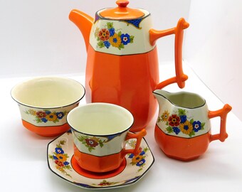 Art Deco Palissy Pottery Staffordshire 4 piece 'Tea for One' Orange Floral Afternoon Bachelor Tea or Coffee Set Twig Handles 1940s
