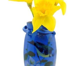 Art Nouveau Torquay Terracotta 'Lemon & Crute' Handpainted Blue Tit Bird on Flowering Branch Tyg 3-Handled Vase 1925