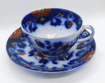 Antique Edwardian 'Japan' Cobalt Flow Blue Tea Cup and Saucer Underglaze Transfer Printed & Handpainted China Tea Teacup Saucer 1907