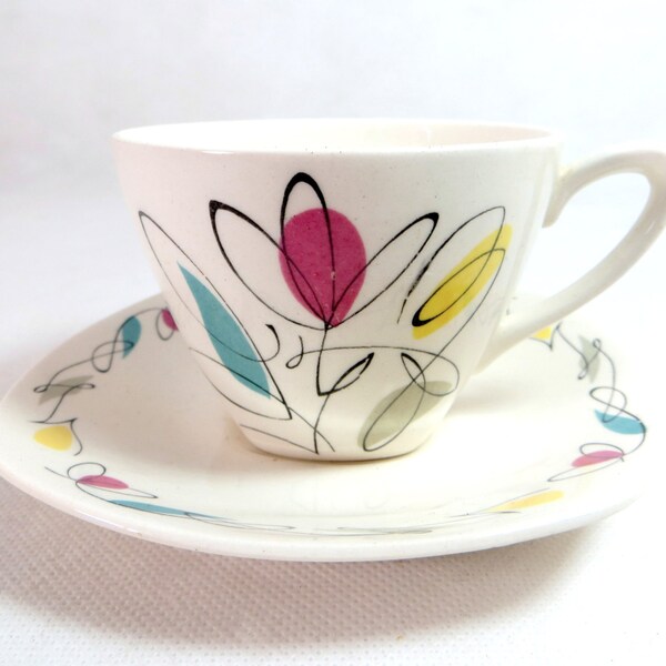 Retro Mid Century Midwinter Duo, Scrolling Calligraphic 'Harmony' Pattern Fashion Shape Demitasse Cup & Saucer 1950s