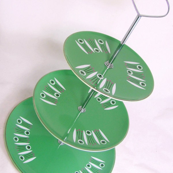 Retro Cake Stand, Mid Century Modern Palissy Atomic 3-Tier Mint Green Cupake Stand in Original Box 1950s