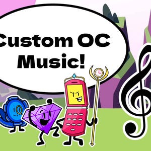 Op de afbeelding: Een cartoonafbeelding met de tekst "Custom OC Music!" in een tekstballon. De afbeelding toont verschillende geanimeerde personages, waaronder een blauw octopusachtig wezen, een paarse diamant en een roze klaptelefoon. Er is ook een muzieknoot aanwezig.