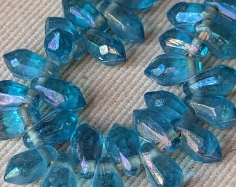 Vintage Glass Beads. 1950s aqua turquoise rainbow Carnival German top-hole teardrop (12)