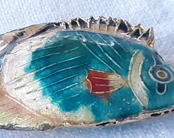 Vintage cloisonne bead Large DETAILED Fish 4 colors 60x20mm tropical on both sides