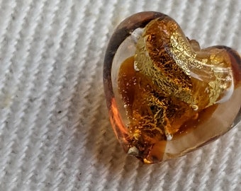 Vintage VENETIAN HEART  glass bead//topaz swirl, gold lined/,13mm -1pc-