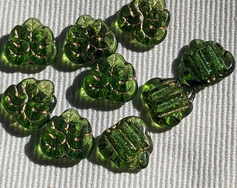 IVY or Grape leaf Czech glass BEADS//14x16mm 2-hole Olive green &gold (8) Leaves