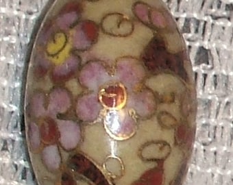 1940s ANTIQUE cloisonne bead floral pink russet on BURNT CREAM floral egg oval 16x20mm