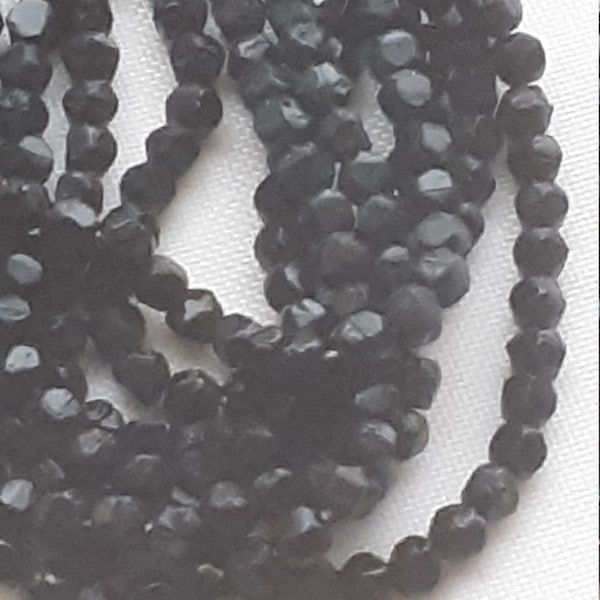 Vintage Glass Beads ANTIQUE english cuts 1800s JET black faceted Victorian 3.5mm Czechoslovakian (24)