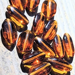 Vintage Glass Beads. 1970s TOPAZ amber glass large  6-sided ovals GERMAN  13x16mm (6)