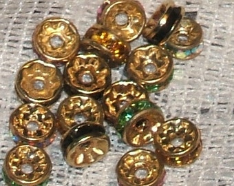 RHINESTONE RONDELLS mix crystal gold plate beads 6mm