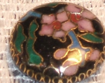 ANTIQUE cloisonne bead floral antique pink green on BLACK floral disc 20mm