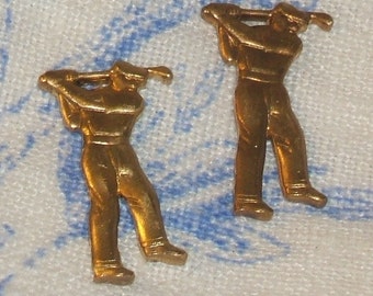 VIntage brass stamping. LET's PLAY GOLF Men  charms cabochon 10x20mm (8)