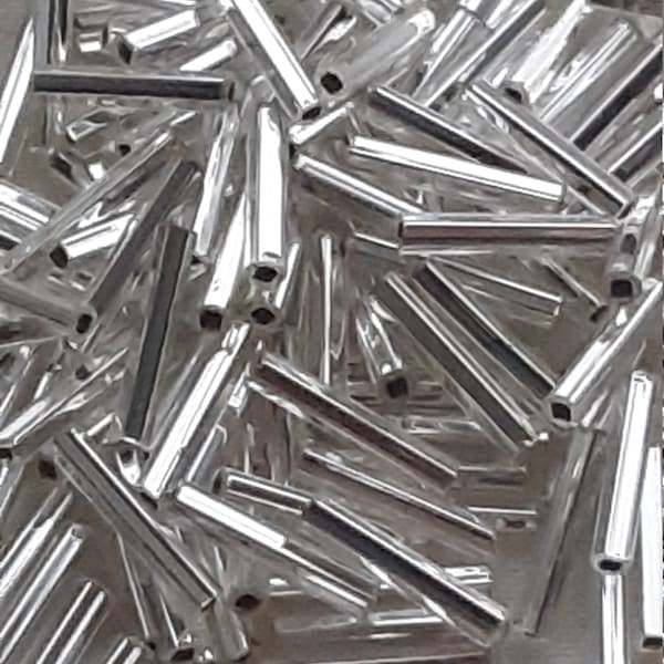 SILVER  silverlined Vintage glass BUGLE beads 12mm tubes Czech (100pcs)Christmas