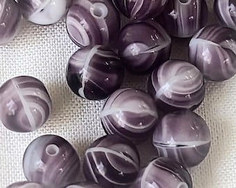 Vintage Glass Beads.1950s PURPLE opal/white givre 7mm Marble Swirl,Antique GERMAN (15)