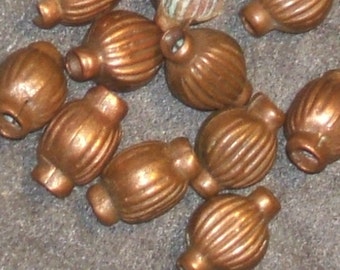 FLUTED urn beads solid COPPER Vintage 70's 10x13 (4)