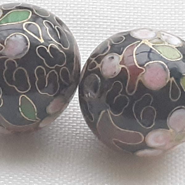 Vintage cloisonne metal bead floral antique BLACK blue green rose FLORAL RARE Round 16mm