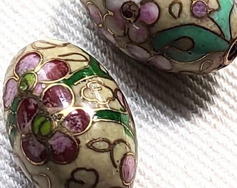 1950s ANTIQUE cloisonne bead floral pink russet on BURNT CREAM floral egg oval 16x20mm