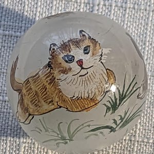 May include: A clear, round glass ornament featuring a hand-painted tabby cat with blue eyes and a red nose. The cat is lying down with green grass painted around it. The ornament is a unique, decorative item.