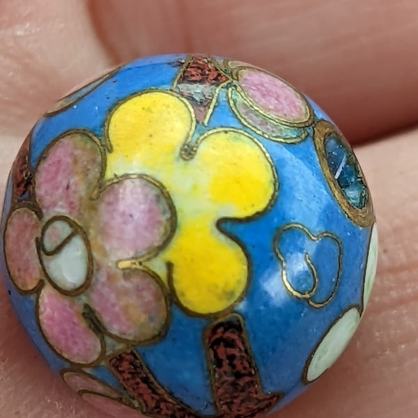 Vintage cloisonne bead floral antique blue green ROSE FLORAL RARE Round 16mm