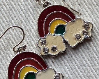 Vintage 70s RAINBOW clouds EARRINGS,/1970s colorful silver-tone w/rhinestones 1pr