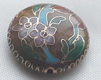 ANTIQUE cloisonne bead floral antique brown with ROSE floral disc 22mm