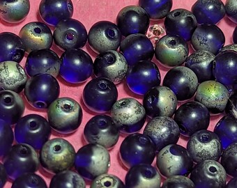 Vintage glass Beads Czech COBALT BLUE matte vitrail raku on one side 6mm Round (25)