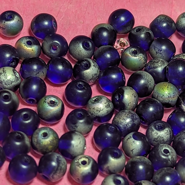 Vintage glass Beads Czech COBALT BLUE matte vitrail raku on one side 6mm Round (25)