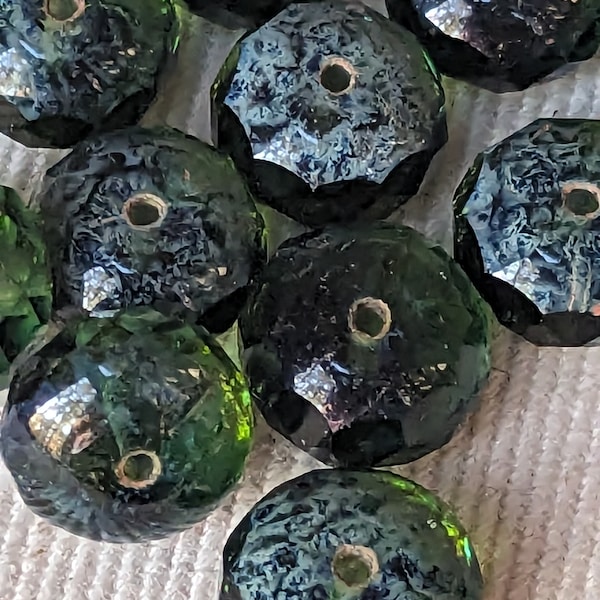 Vintage glass BEADS Czech large faceted Saturn shape//mottled SEA GREEN Luster 12mm (6))