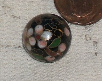 Vintage cloisonne bead floral antique pink black flowers ROUND 18mm